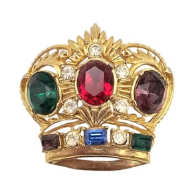 Vintage Multi Color Rhinestone Gold Tone Crown Brooch