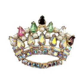 Vintage Iridescent Rhinestone Faux Pearl Silver Tone Crown Brooch
