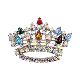 Vintage Iridescent Rhinestone Silver Tone Crown Brooch