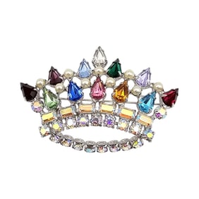 Iridescent Rhinestone Faux Pearl Silver Tone Crown Brooch
