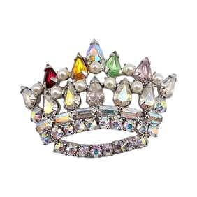 Vintage Rhinestone Faux Pearl Silver Tone Crown Brooch
