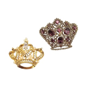 Vintage Faux Pearl Purple Rhinestone Lot 2 Crown Brooches