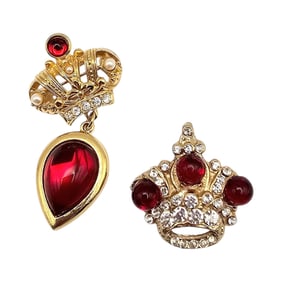 Vintage Lot 2 Red Rhinestone Crown Brooches