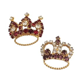 Lot 2 Red Purple Rhinestone Gold Tone Crown Brooches