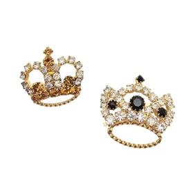 Lot 2 Yellow Black Clear Rhinestone Gold Tone Crown Brooches