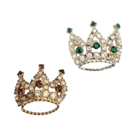 Lot 2 Green Yellow Clear Rhinestone Crown Brooches