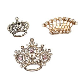 Vintage Lot 3 Faux Pearl Rhinestone Crown Brooches