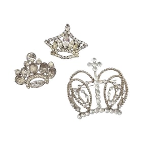 Vintage Lot 3 Clear Rhinestone Crown Brooches