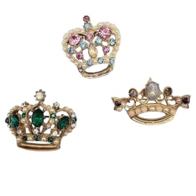 Vintage Lot Faux Pearl Rhinestone Crown Brooches