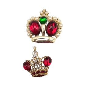Vintage Jelly Belly Style Rhinestone Faux Pearl Lot 2 Crown Brooches