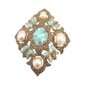 Sarah Coventry Vintage Blue Faux Pearl Gold Tone Brooch