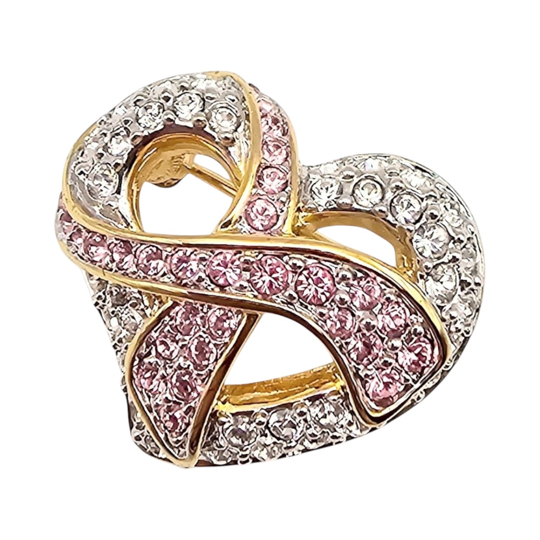 Swarovski Crystal Gold Tone Heart Breast Cancer Ribbon Brooch: Swarovski Crystal Gold Tone Heart Breast Cancer Ribbon Brooch