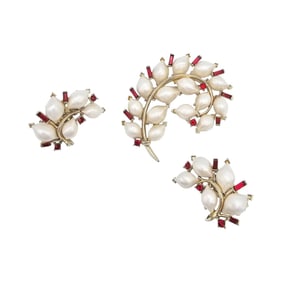Lisner Vintage Faux Pearl Red Rhinestone Gold Tone Leaf Brooch Earrings Set