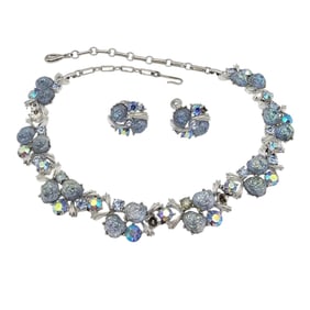 Lisner Vintage Blue Poured Glass Silver Tone Rhinestone Necklace Earrings Set