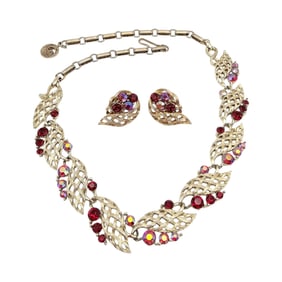 Lisner Vintage Red Rhinestone Gold Tone Basket Weave Necklace Earrings Set