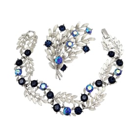 Lisner Vintage Blue Rhinestone Brushed Silver Tone Leaf Spray Brooch Bracelet Set