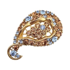Lisner Vintage Blue Amber Color Rhinestone Gold Tone Paisley Brooch