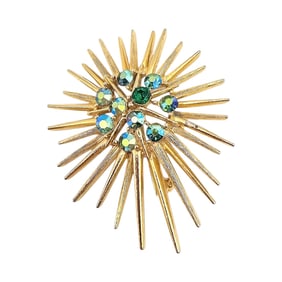 Lisner Vintage Green Iridescent Rhinestone Gold Tone Spike Star Sunburst Brooch