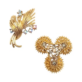 Lisner Vintage Lot 2 Rhinestone Gold Tone Brooches