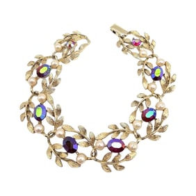 Lisner Vintage Red Iridescent Rhinestone Gold Tone Faux Pearl Bracelet