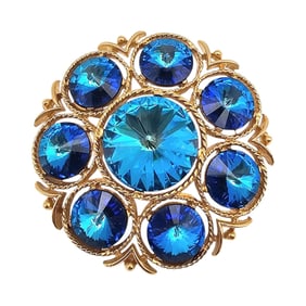 Lisner Blue Rivoli Rhinestone Gold Tone Brooch