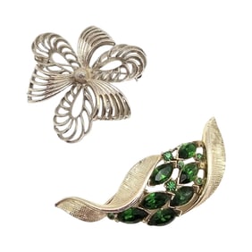 Lisner Vintage Lot 2 Green Rhinestone Silver Tone Gold Tone Brooches