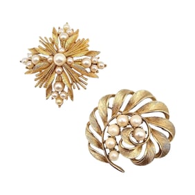 Lisner Vintage Lot 2 Faux Pearl Gold Tone Brooches