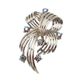 Lisner Vintage Blue Rhinestone Silver Tone Swirl Brooch