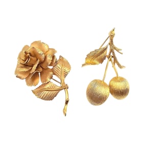 Lisner Vintage Gold Tone Lot 2 Brooches Cherries Flower