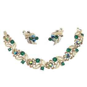 Lisner Vintage Green Iridescent Rhinestone Floral Bracelet Earrings Set
