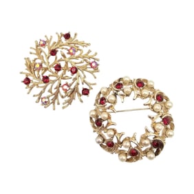 Lisner Vintage Lot 2 Red Rhinestone Faux Pearl Brooches