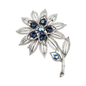 Lisner Blue Rhinestone Silver Tone Flower Brooch