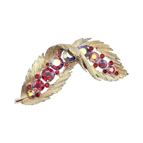 Lisner Red Rhinestone Gold Tone Twist Leaf Brooch