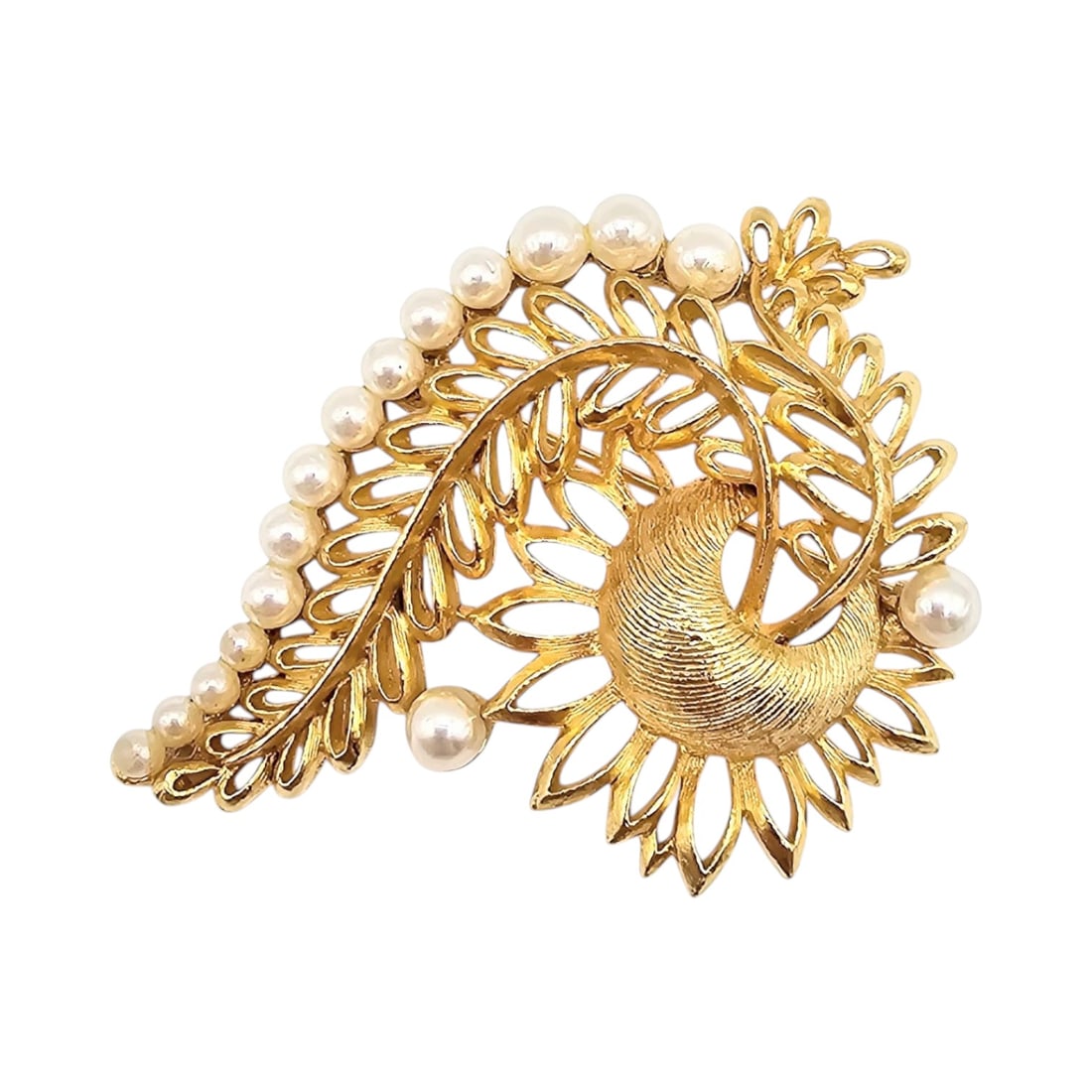 Lisner Vintage Faux Pearl Gold Tone Swirl Leaf Brooch (1 of 3)