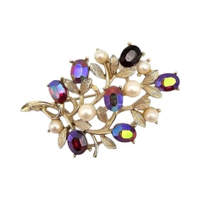 Lisner Red Rhinestone Faux Pearl Gold Tone Flower Cluster Brooch