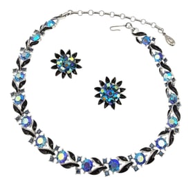Lisner Vintage Enamel Blue Iridescent Rhinestone Silver Tone Necklace Earrings Set