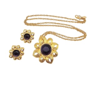 Kenneth J Lane Purple Rhinestone Gold Tone Necklace Earrings Set
