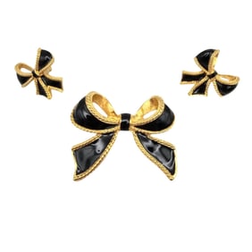 Kenneth J Lane Black Enamel Gold Tone Bow Brooch Earrings