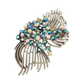 Pegasus Corocraft Vintage Faux Pearl Rhinestone Brooch