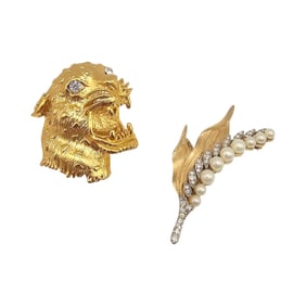 Lot 2 Rhinestone Faux Pearl Gold Tone Brooches