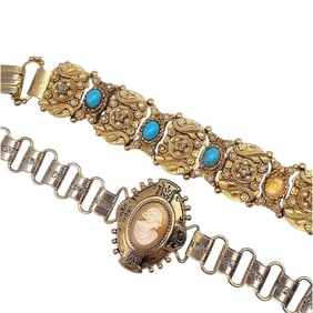 Lot 2 Victorian Style Bracelets Cameo Faux Pearl