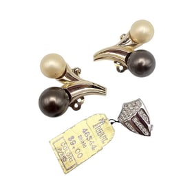 Crown Trifari Faux Pearl Earrings Silver Tone Brooch