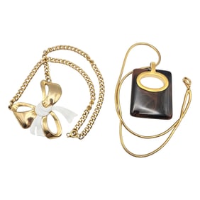 Lot 2 Gold Tone White Enamel Brown Swirl Necklaces