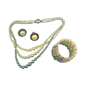 Vintage Dyed Faux Pearl 3 Strand Necklace Wrap Bracelet Earrings Set