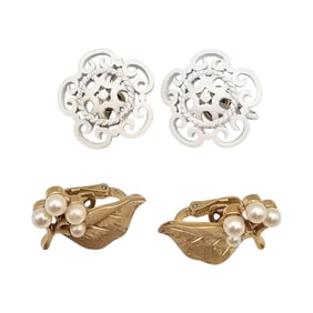 Lot 2 Crown Trifari Faux Pearl Gold Tone Enamel Earrings