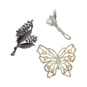Lot 3 Rhinestone Faux Pearl Brooches