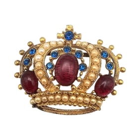 Rafaelian Faux Pearl Rhinestone Gold Tone Crown Brooch