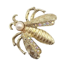 Faux Pearl Gold Tone Flying Bug Brooch