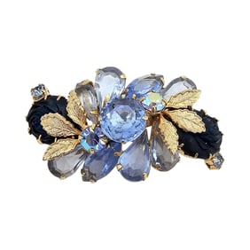 Poured Glass Rhinestone Gold Tone Floral Brooch