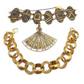 Lot Gold Tone Damascene Bracelet Brooch